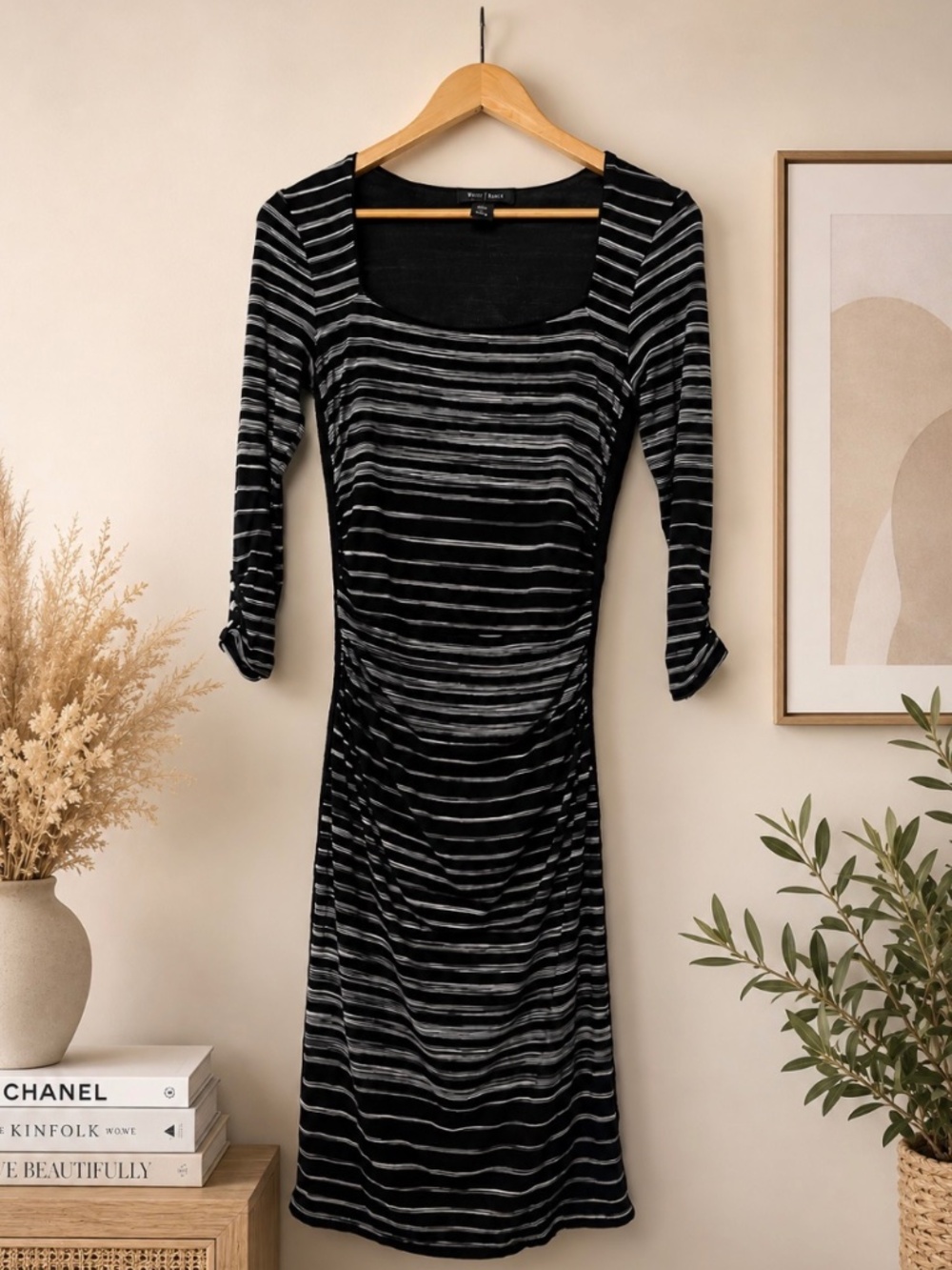 WHBM Black Ruched Stripe Dress XS – Like New